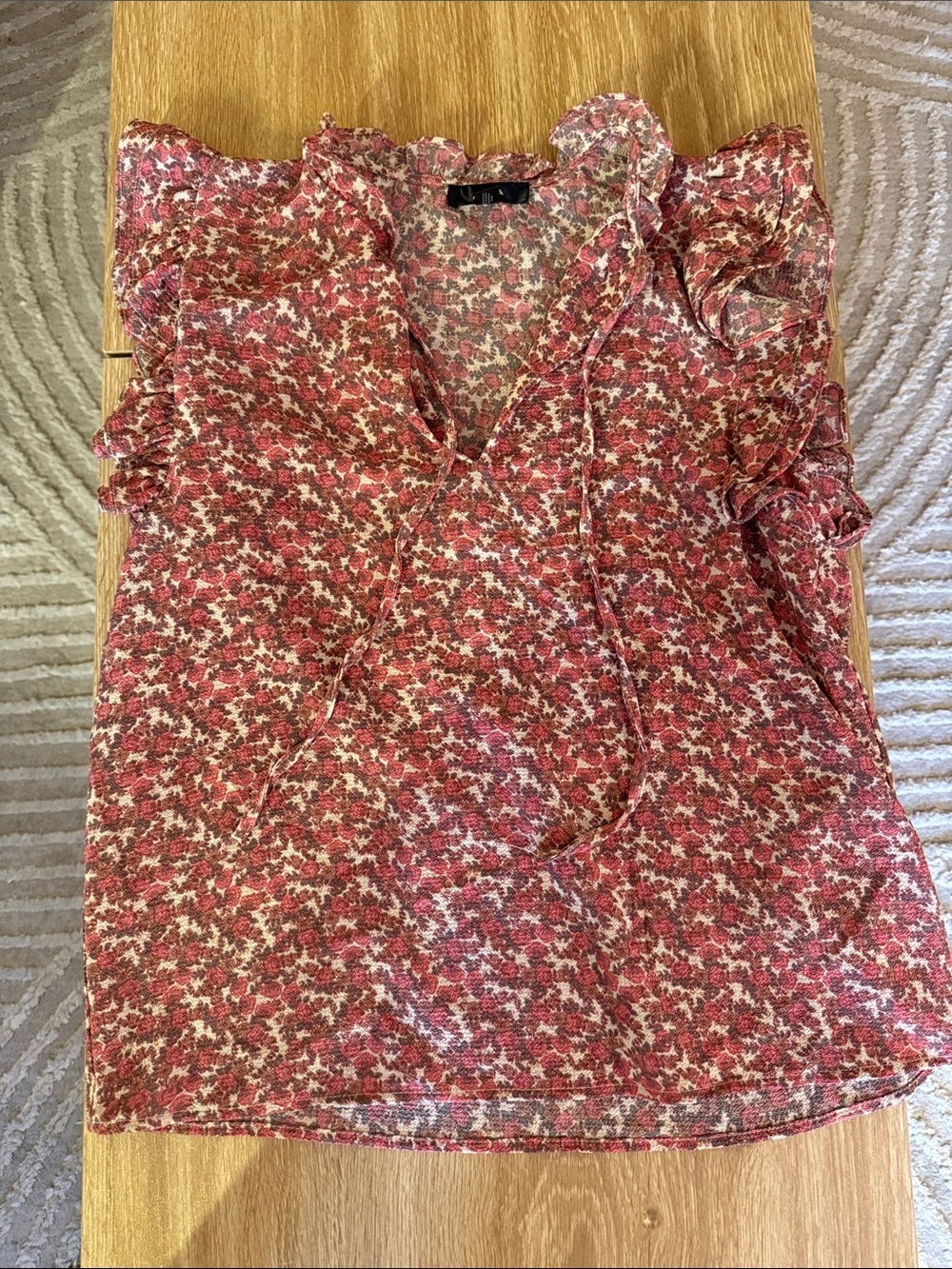 Aqua Pink & Red Floral Ruffle V-Neck Top